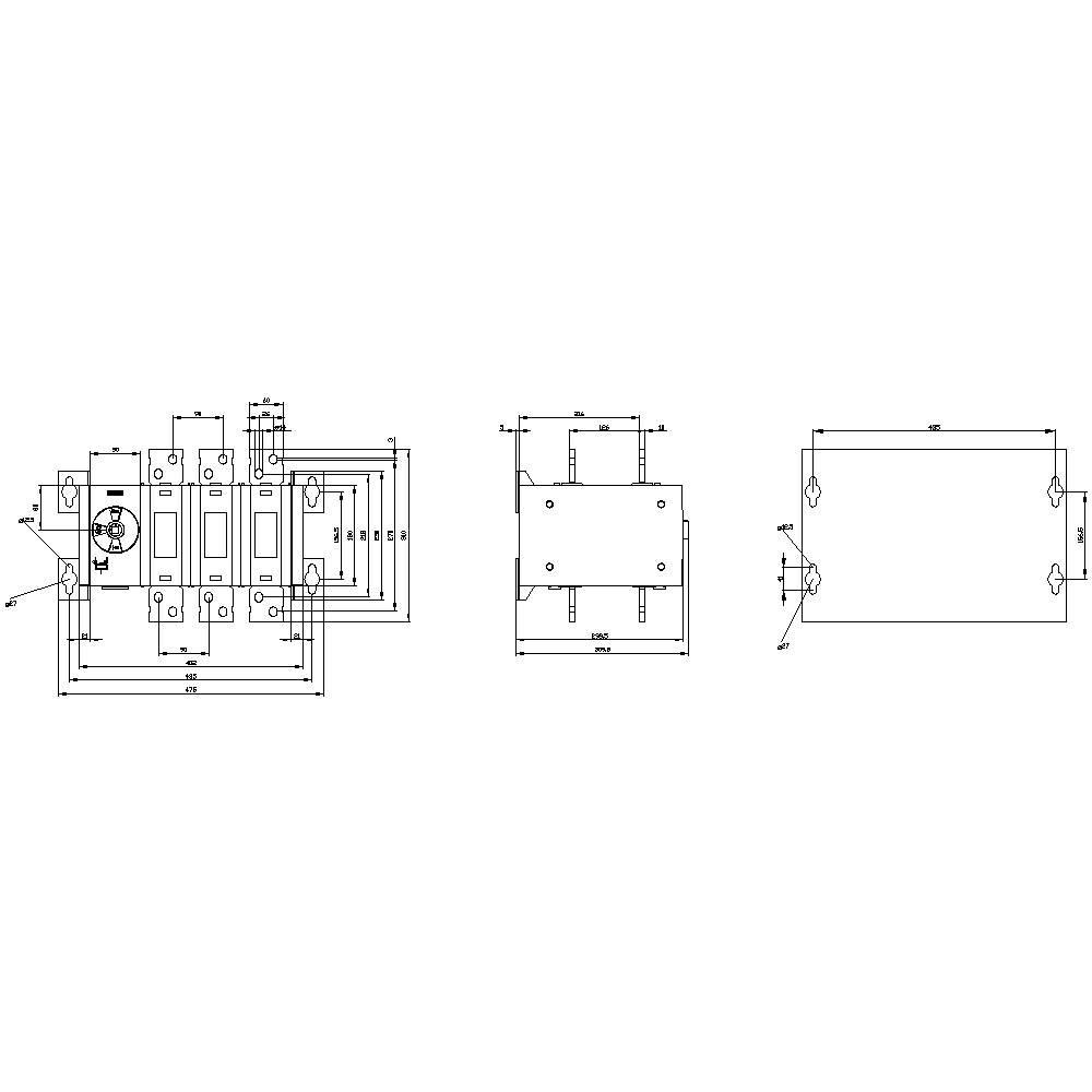 Technical drawing of an industrial component with dimensions. Shows top view, side view, and front view with specific measurement details.