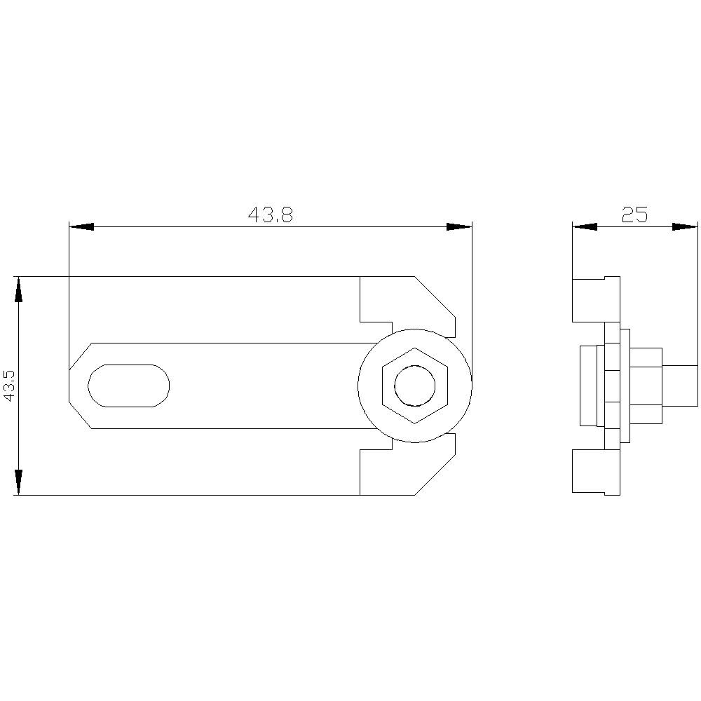 Technical drawing of a mechanical component with side and top view. Dimensions: Length 43.8 mm, Width 25 mm.