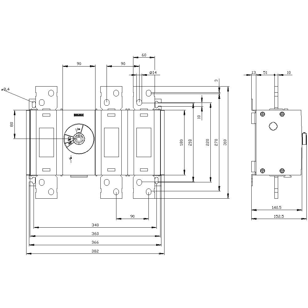 Technical drawing of an electrical component with detailed dimensions and front and side views.