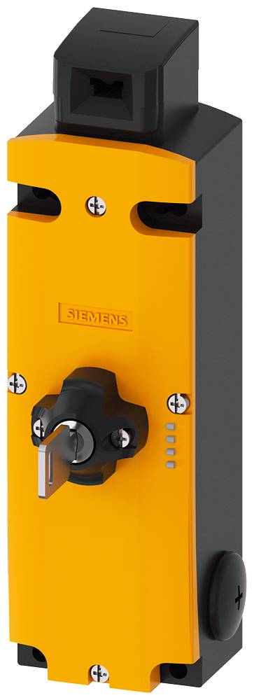 A rectangular, orange safety module with black details and a key switch in the centre on a light background.