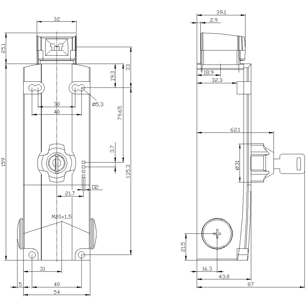 Technical drawing of a mechanical component with dimensions in millimetres. Front and side views with detailed measurements.
