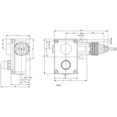 Technical drawing of a mechanical component with dimensions in millimetres, showing two views. Square base form, cylinder, and thread.