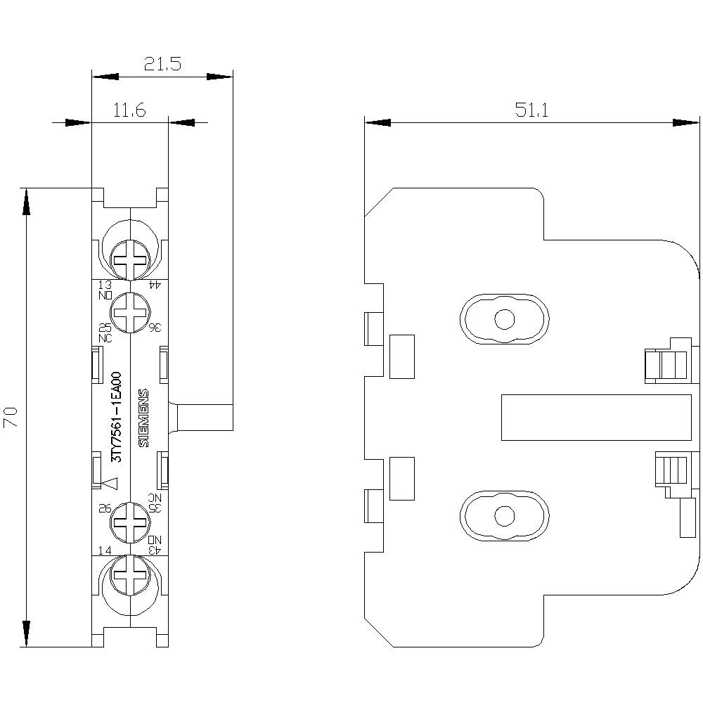 Technical drawing of an electrical component with dimensions: Height 70 mm, Width 51.1 mm, Depth 21.5 mm, various connection points.