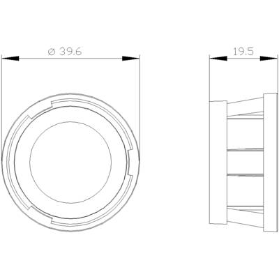 Technical drawing of a cylindrical replacement cap. Diameter 39.6 mm, height 19.5 mm. Side view shows reinforcements.