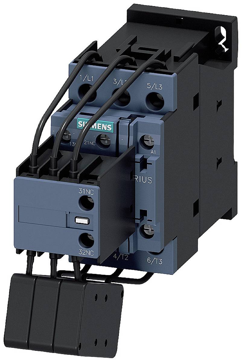 An electrical contactor with connection wires and multiple contacts, typically used for controlling electrical circuits in industrial plants.