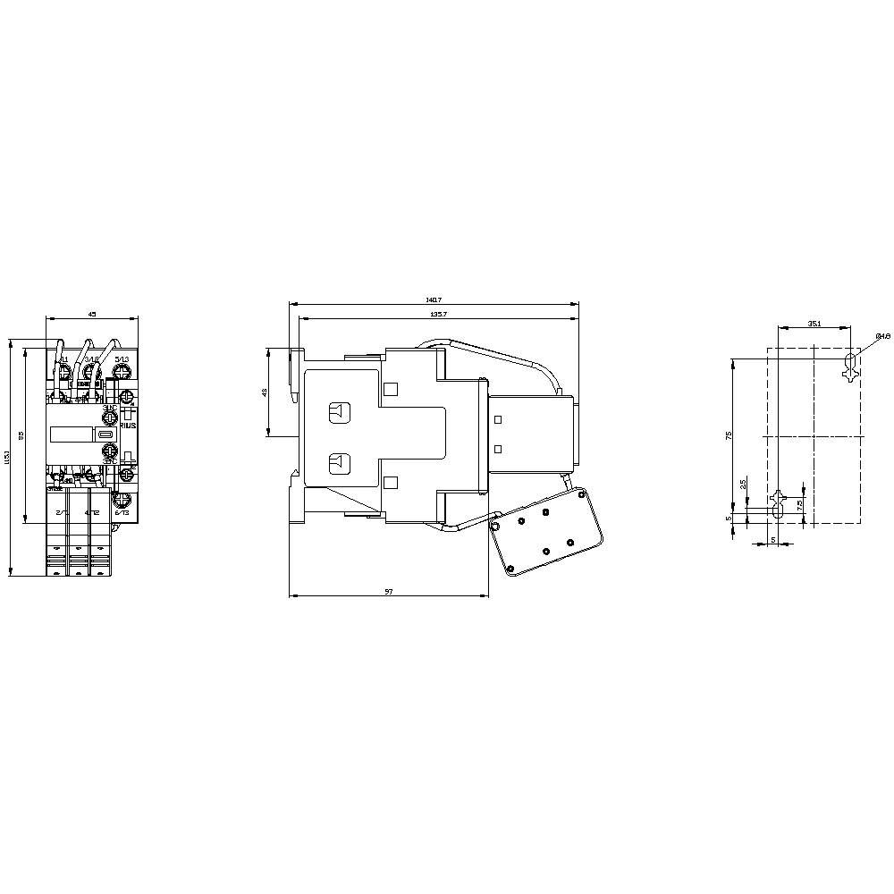 A technical diagram of an electrical switchgear with three views and labels indicating dimensions in millimetres.