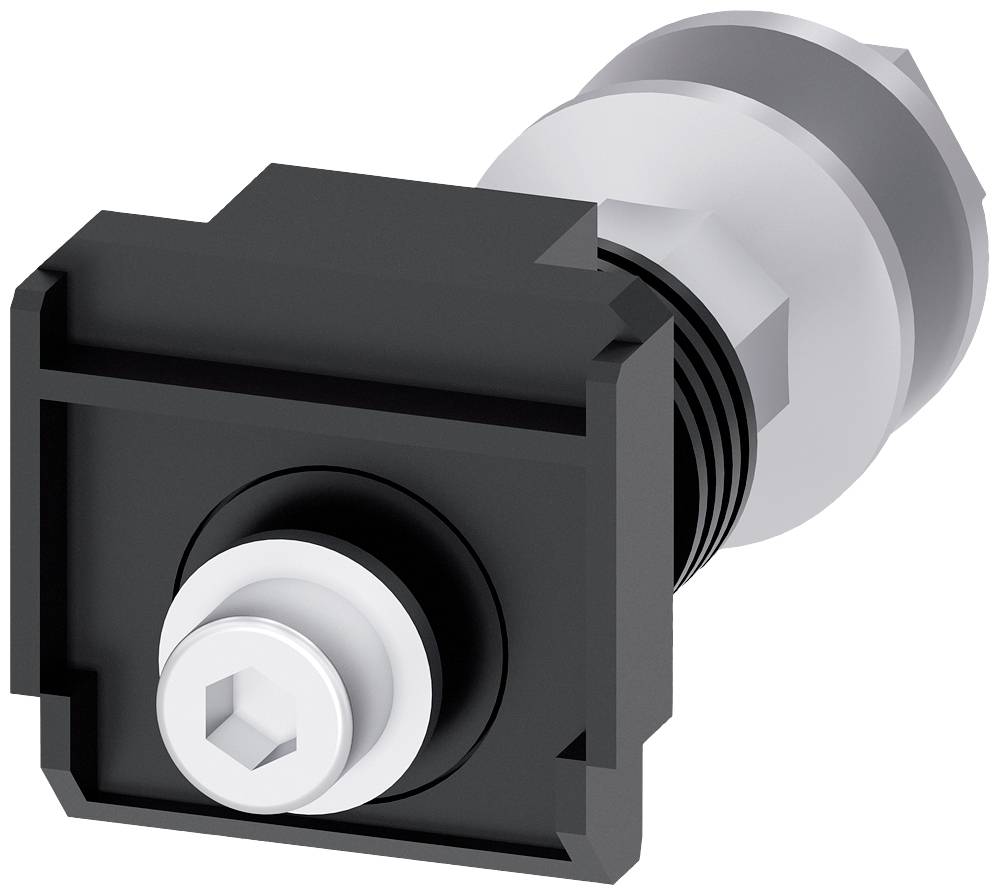 A black and silver rectangular precision component with a circular element in the centre, visible from a side angle.