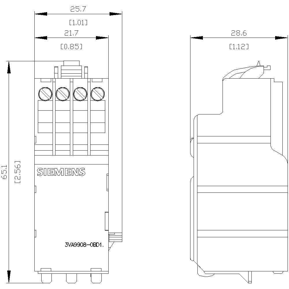 Technical drawing of a Siemens switch, showing front and side views with dimensions: 25.7 mm width, 65.1 mm height.