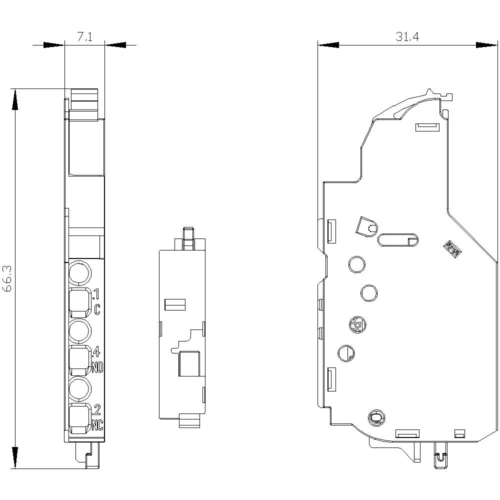 Drawing of an electrical connection module with side, front and top view. Dimensions are 66.3 mm high, 7.1 mm deep, 31.4 mm wide.