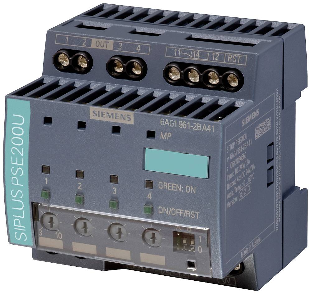 Siemens electronic device, model SIPLUS PSE200U, for power distribution in industrial applications, with top-mounted connections.