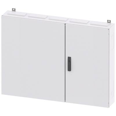 Grey metal cabinet with two doors and a black handle, wall-mounted. Suitable for storing tools or documents.