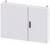 Grey metal cabinet with two doors and a black handle, wall-mounted. Suitable for storing tools or documents.
