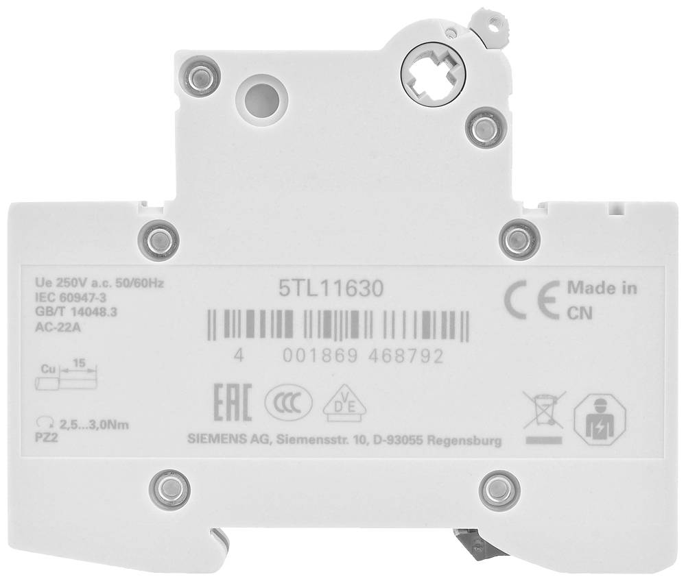 'Circuit breaker labelled 5TL11630, IEC standards, current rating AC-22A, manufactured in China, Siemens logo underneath.'