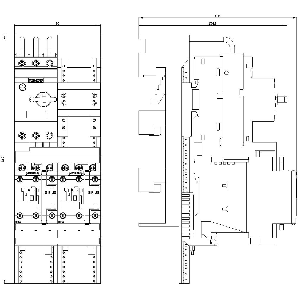 Technical drawing of an electrical control box with dimensional specifications. The front view on the left shows connections and switches, while the right side depicts the cross-section.