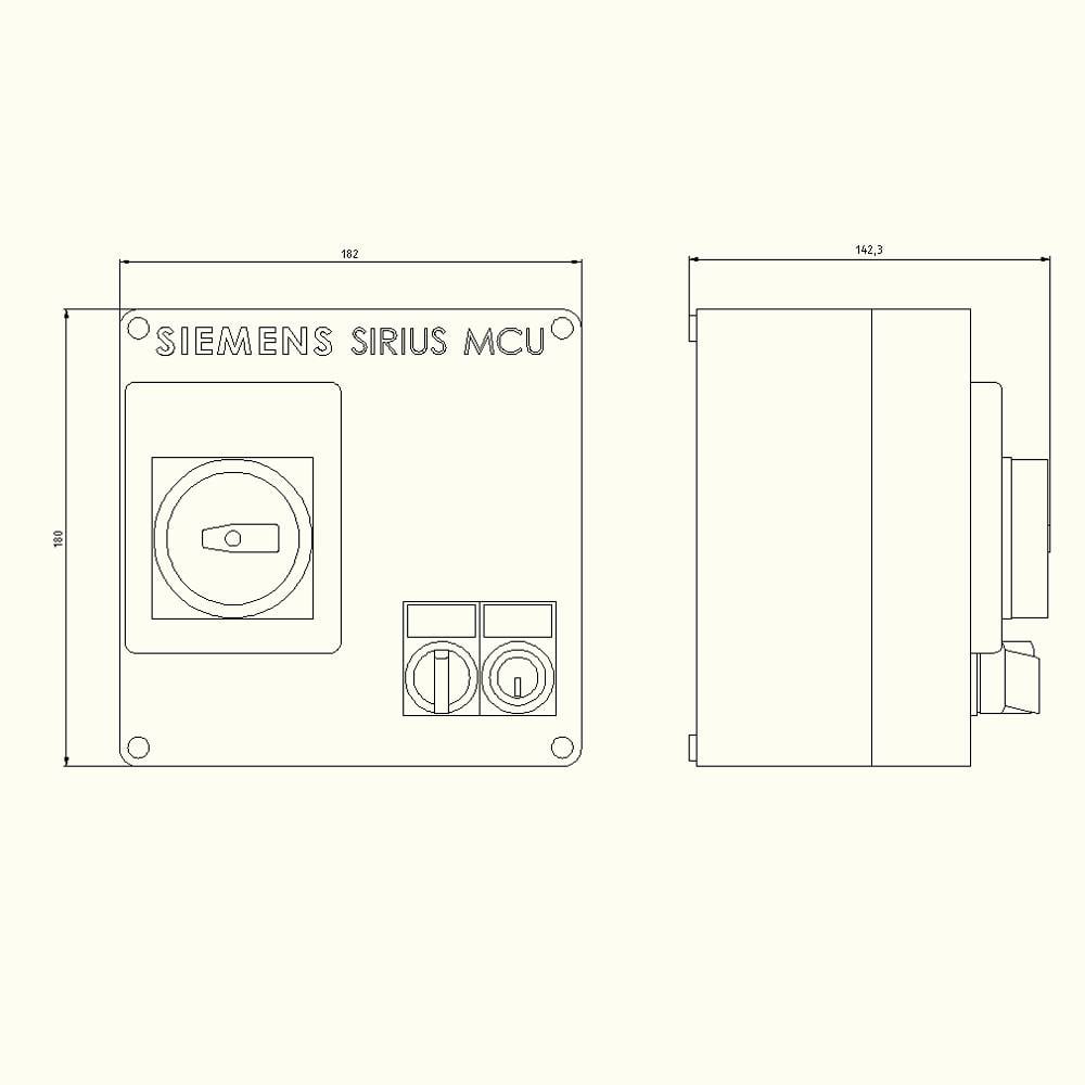 Technical drawing of a Siemens Sirius MCU, showing front and side views with dimensions. Control unit for electrical operation.
