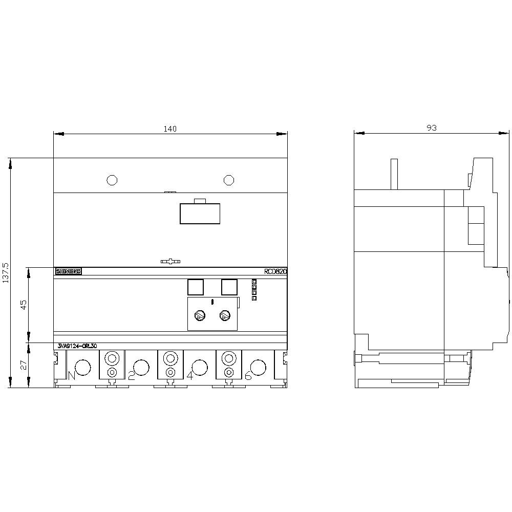 Technical drawing of an electrical switch with dimensions: 140 mm width, 135 mm height, 93 mm depth. Top view and side view.