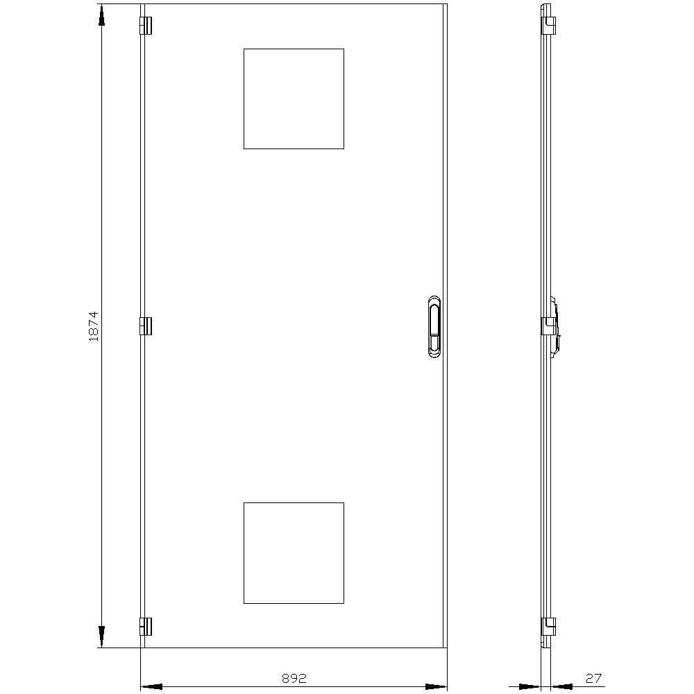 A technical drawing of a door with dimensions: height 1874 mm, width 892 mm, thickness 27 mm. Windows are inset centrally.