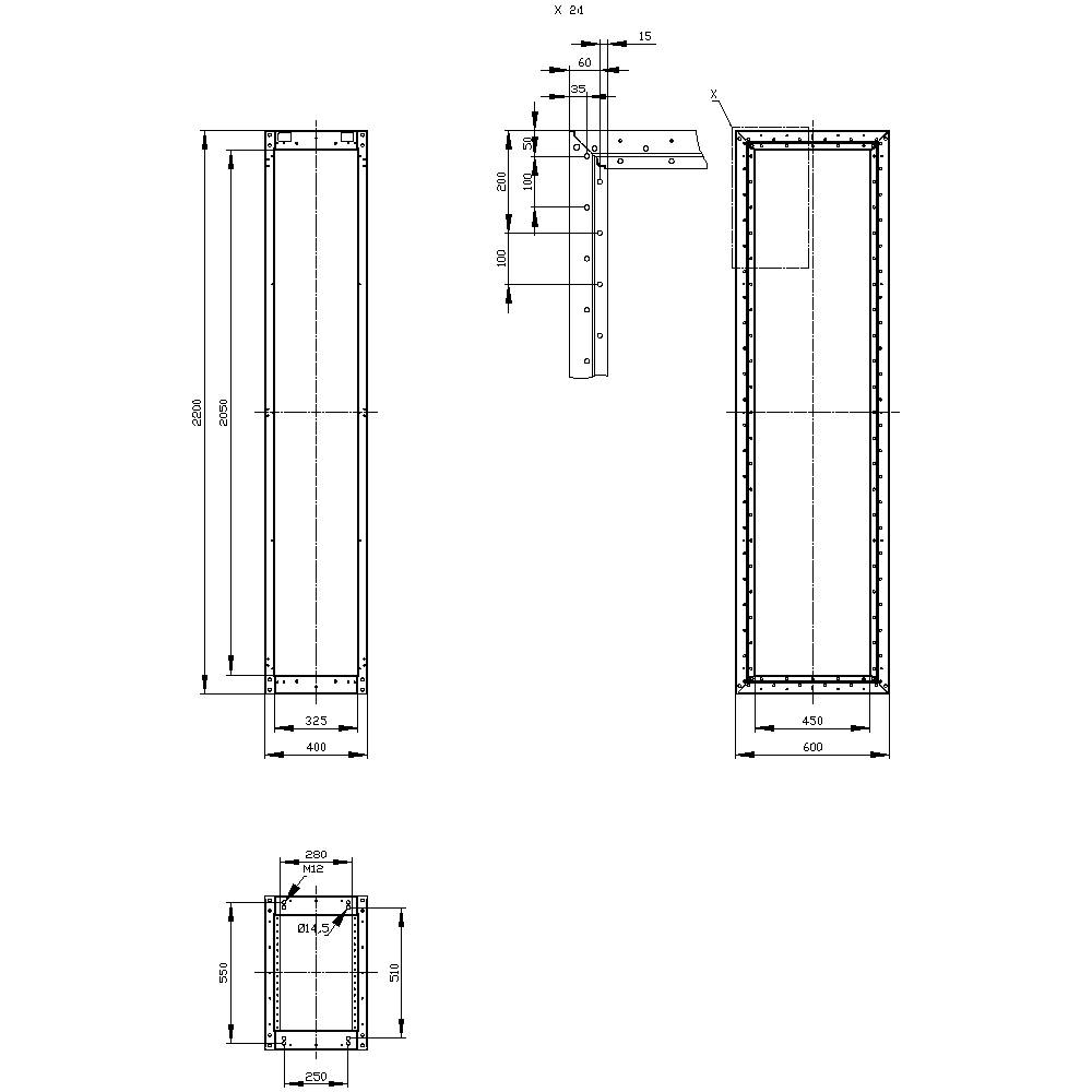Technical drawing of a rectangular frame. Contains dimensions and construction details. Main view, side view, and detailed view.