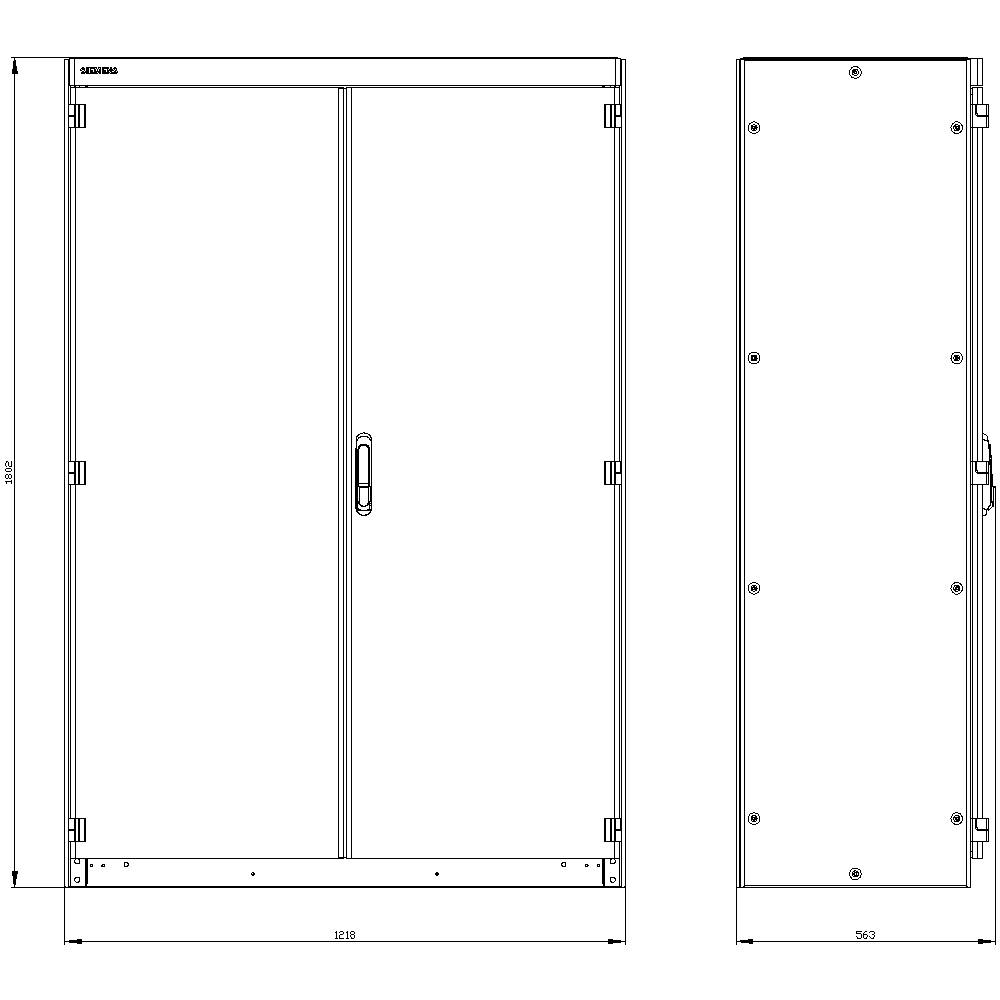 Two-dimensional technical drawing draft of a rectangular cupboard with double doors and side view. Dimensions specified.