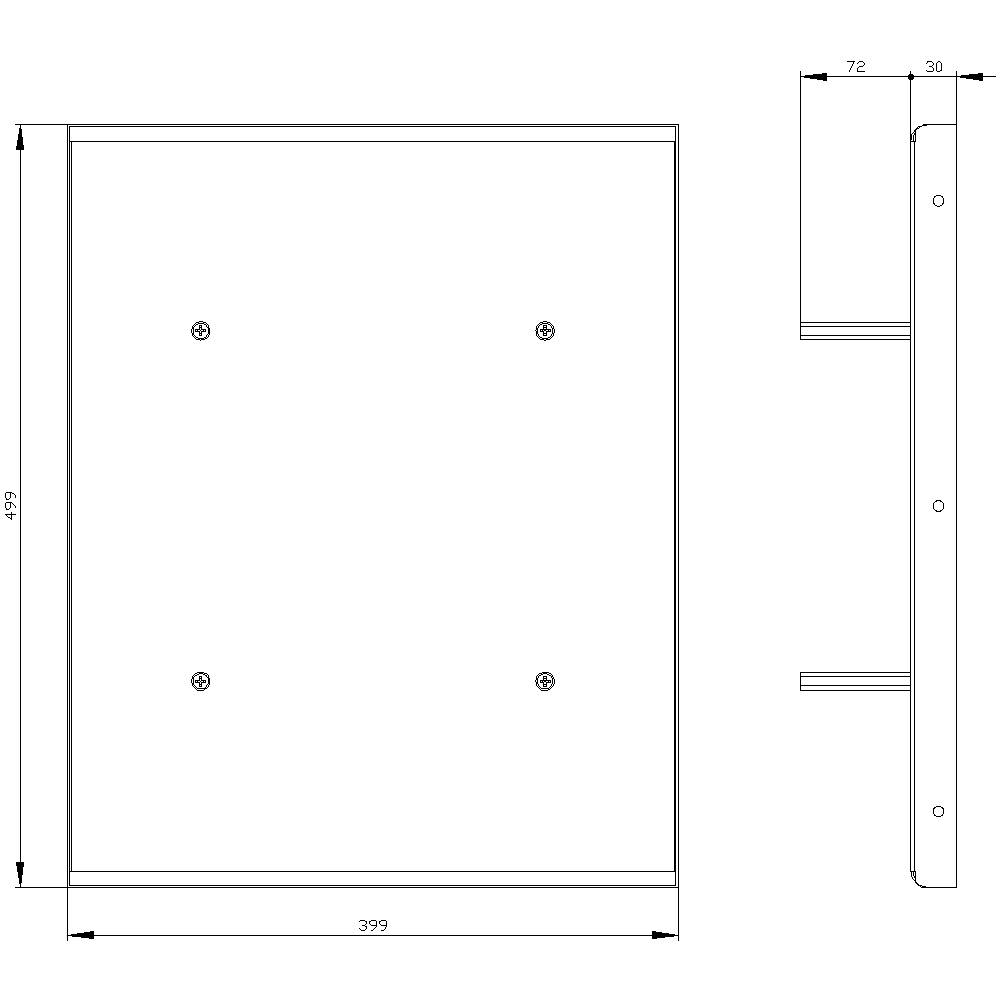 'Technical drawing of a rectangular object with dimensions: 499 mm height, 399 mm width, side depth of 72 mm and 30 mm.'