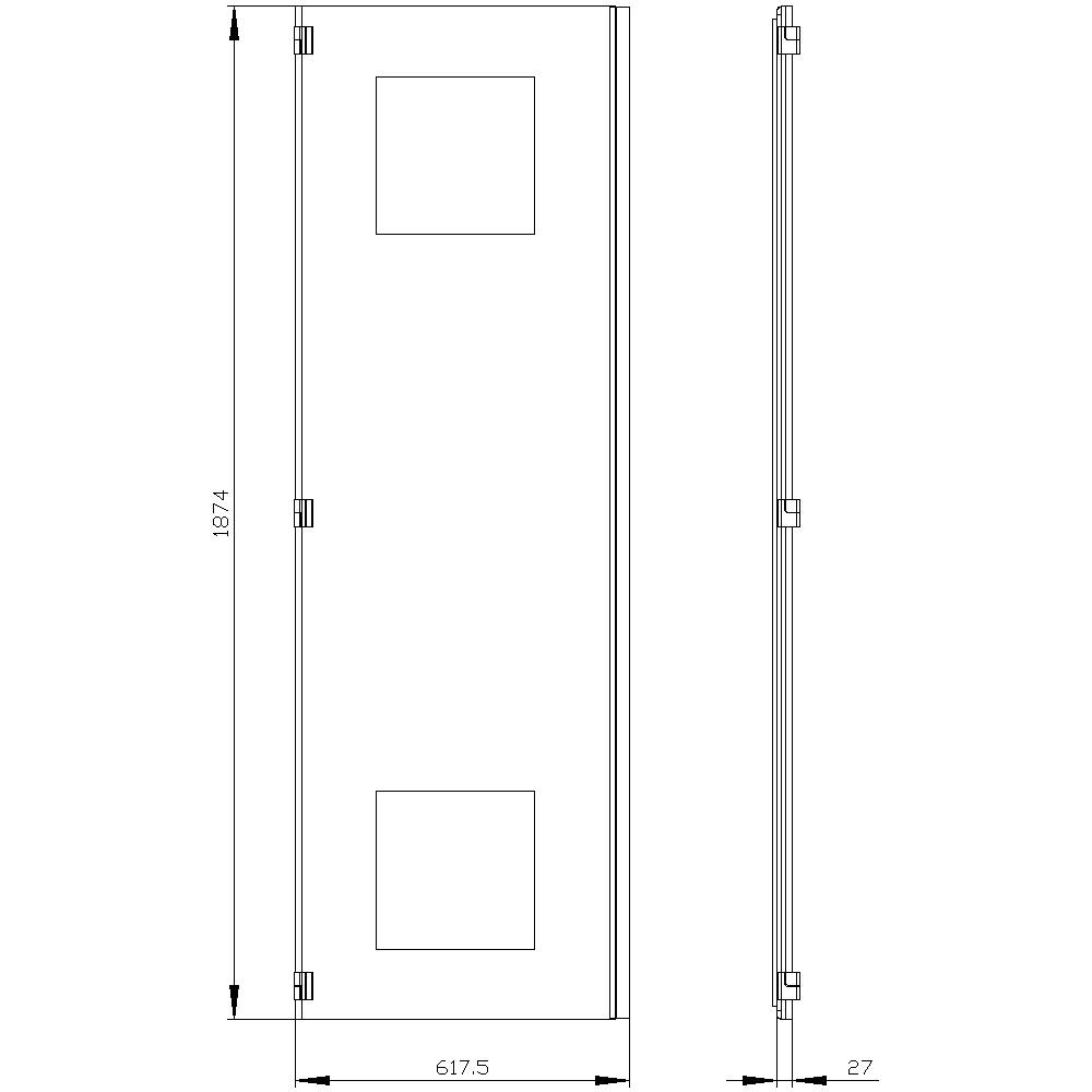 Technical drawing of a rectangular, vertical plate with precise dimensions. Height: 1874 mm, Width: 617.5 mm, Depth: 27 mm.