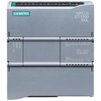 Grey Siemens SIMATIC S7-1200 PLC unit with green accents, Model CPU 1212C, shows various status and connection indicators.