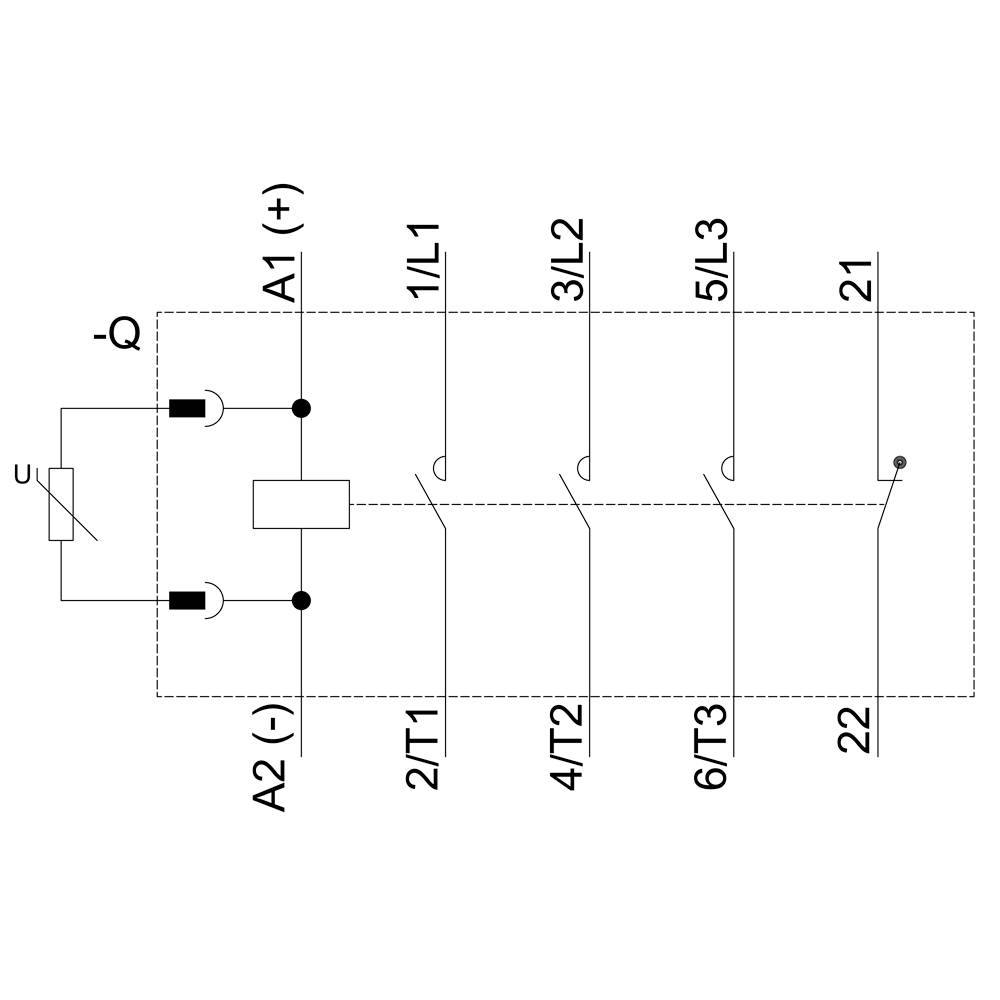 'Contactor circuit diagram with terminals A1 (+), A2 (-), L1, L2, L3 and T1, T2, T3. Normally open contact 21, 22 operated by a switch.'