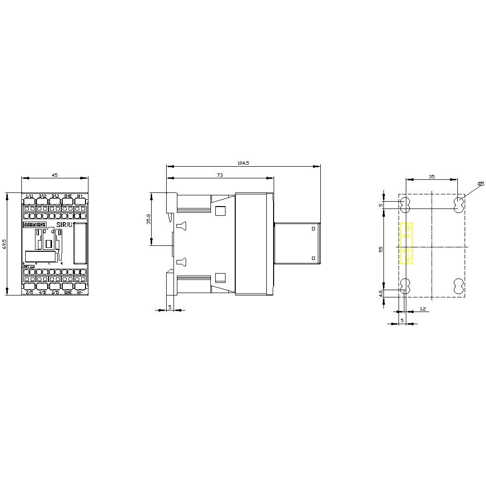 Technical drawing of an electrical switch with dimensions: height 60 mm, width 45 mm, depth 70 mm. Detailed view of connection options.
