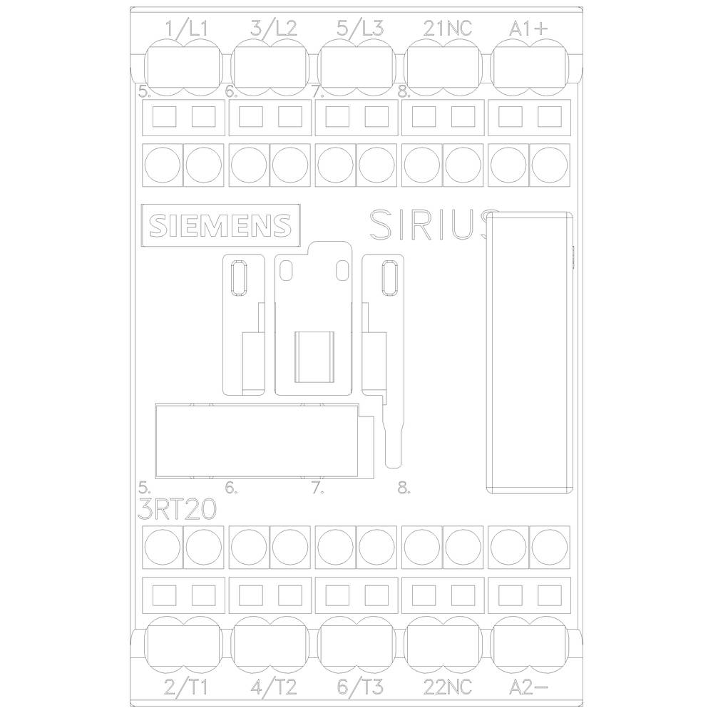'Circuit diagram of a Siemens Sirius component, Type 3RT20, with connections and terminal numbers marked. Top left: 1/L1, bottom right: A2-.'