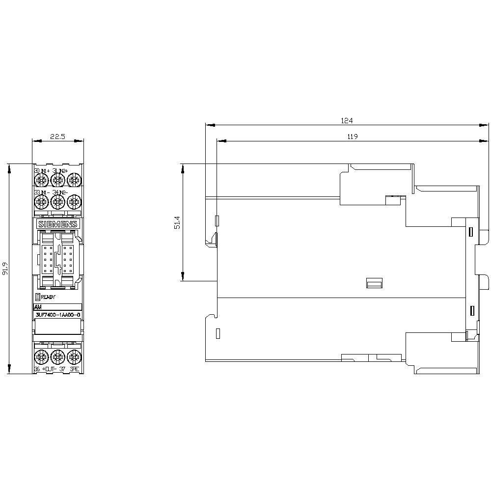 Technical drawing of an electronic component with dimensions: height 54.4 mm, width 124 mm, depth 22.5 mm. Top view and side view.