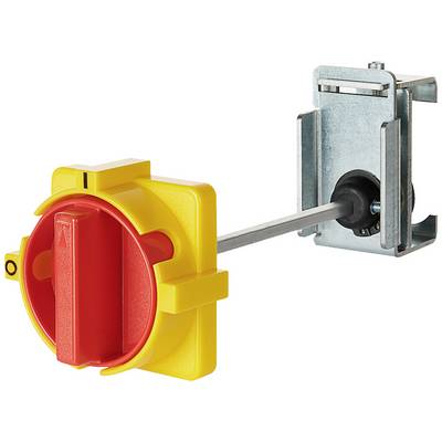 Switch with a yellow casing and red handle, mounted on a metal bracket. The switch is used for switching electrical devices on and off.
