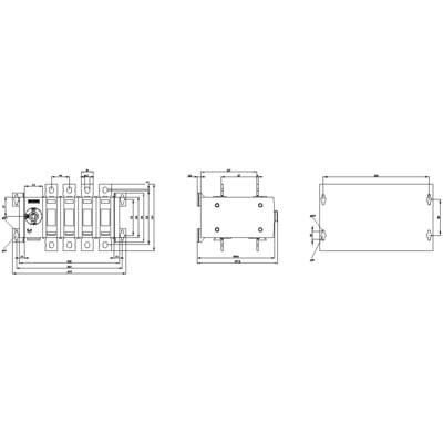 Technical drawing of an electrical cabinet with front, side, and top views, showing dimensions and connection details.
