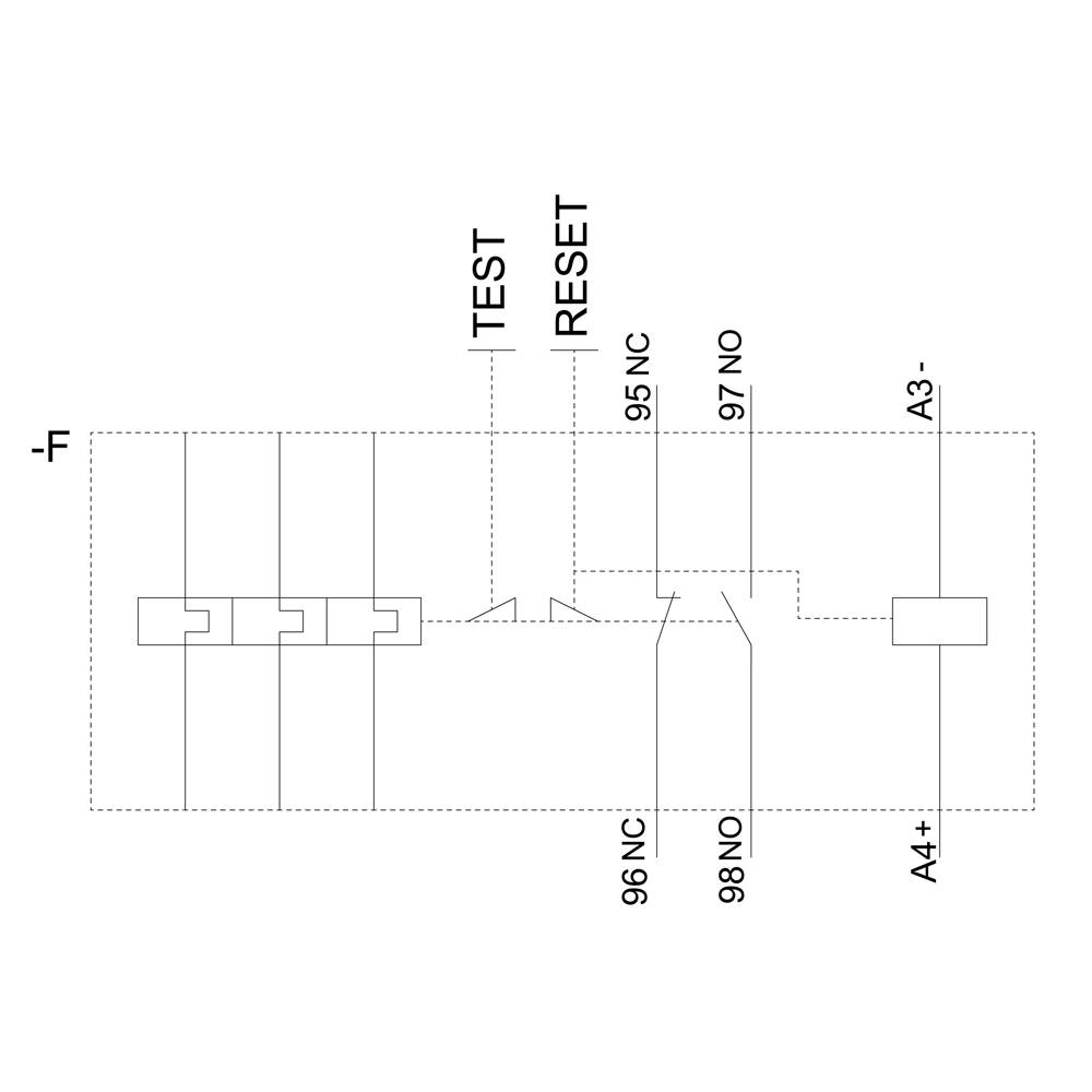 Diagram of a circuit diagram with labels: 'TEST', 'RESET', '95 NC', '96 NC', '97 NO', '98 NO', 'A3-', 'A4+'. Shows connections and wiring.