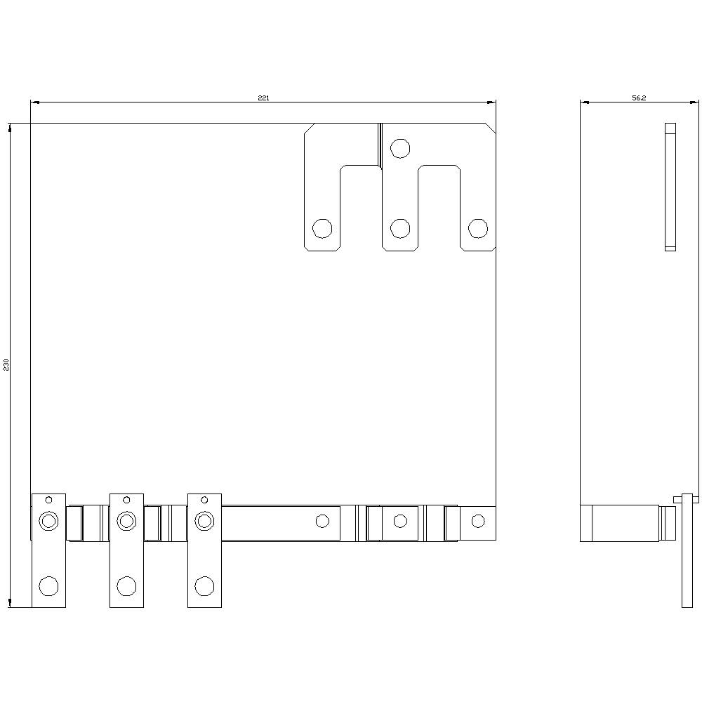 Technical drawing of a metal bracket with dimensions. Front view shows details of fastening parts, side view shows construction.