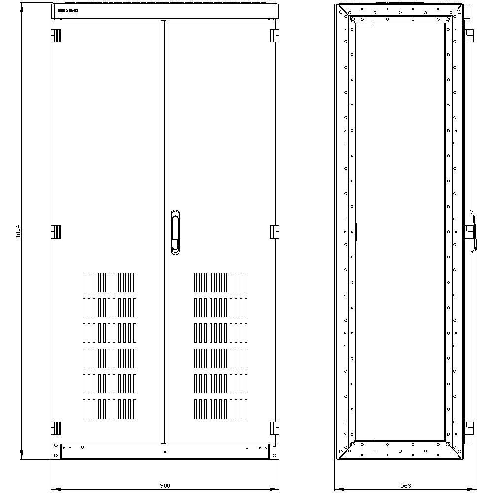 Technical Drawing of a Rectangular Control Cabinet with Dimensions: Height 1845 mm, Width 1100 mm, Depth 363 mm. Front and Side Views Shown.