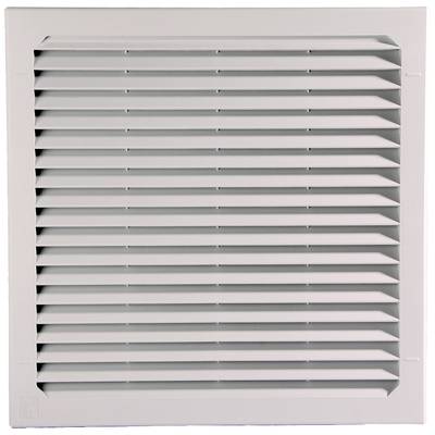 Ventilation cover, square, made of plastic, with horizontal louvres.