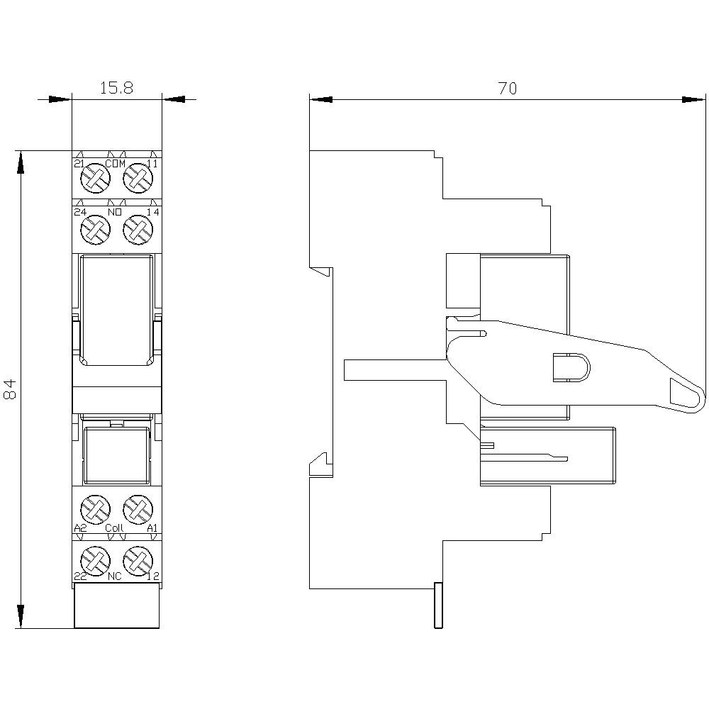 Electrical circuit diagram of a relay with two views. Front view shows connection terminals with labelling. Side view depicts mechanical structure and lever position. Dimensions: 15.8 mm width, 70 mm depth, 84 mm height.