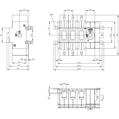 Technical drawing of a switch with front view, side view, and top view. Dimensions and details of components are shown.