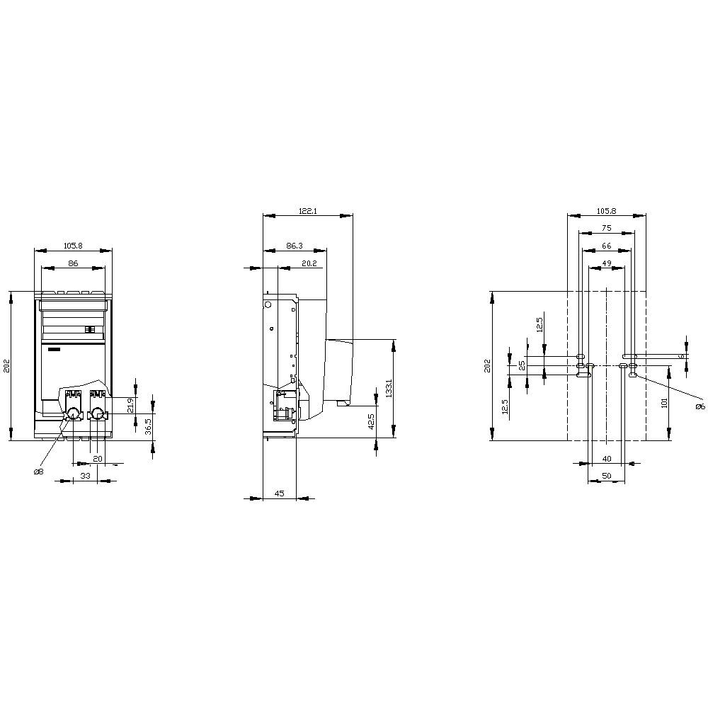 Technical drawing of an electronic device with detailed dimensional specifications in three views: front, side, and top view.