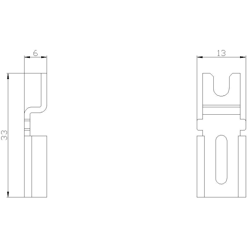 Technical drawing of a component with dimensions: 33 mm height, 6 mm width on the left, 13 mm width on the right. Front and side view.