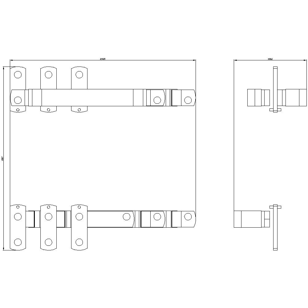 A technical drawing of a hinge construction. It shows top and side views with dimensions at several points.