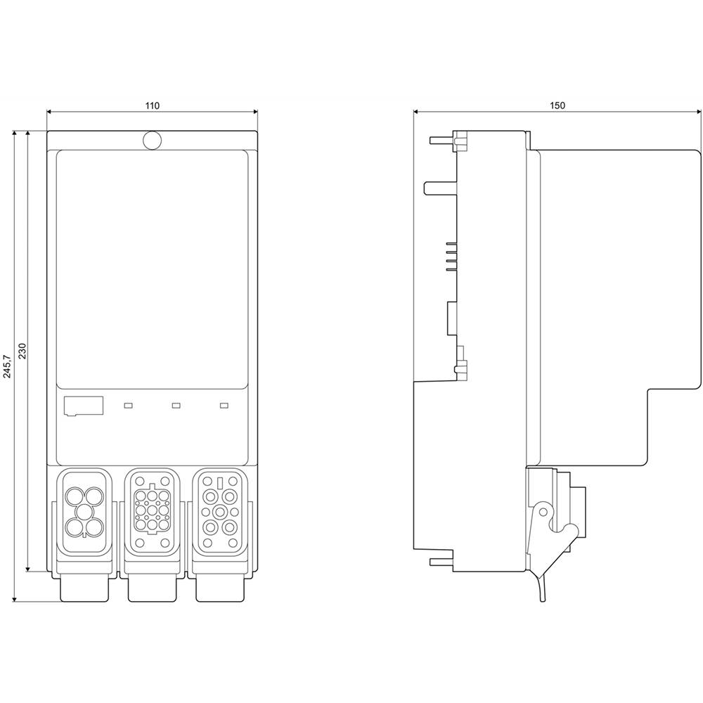 Technical drawing of a rectangular device with buttons and cable connections. Dimensions are 110 mm width, 150 mm depth.