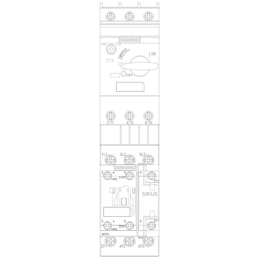 A circuit diagram of an electrical switch with the inscription 'SIRIUS'. The drawing shows connections and mechanical details.