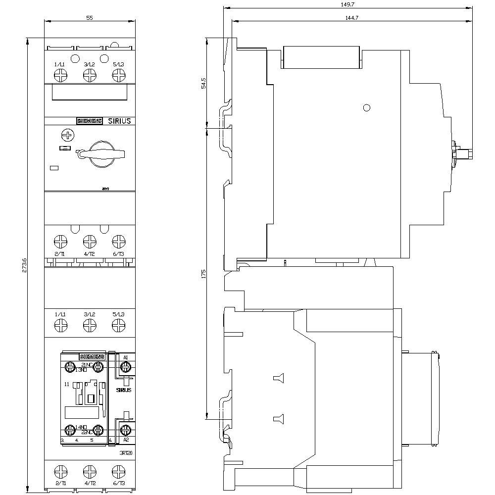 Technical drawing of an electrical switching device with detailed dimensions. Shows front and side views with dimensional specifications.