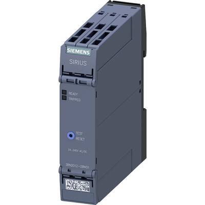 A blue Siemens Sirius protection relay, model 3RN2012-2BV31, displays operational states 'Ready' and 'Tripped', with a test/reset button.