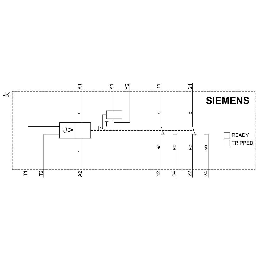 A circuit diagram shows a Siemens relay. On the left are inputs T1 and T2, on the right are outputs 11, 12, 21, 22, 24. Status indication: 'Ready' or 'Triggered'.