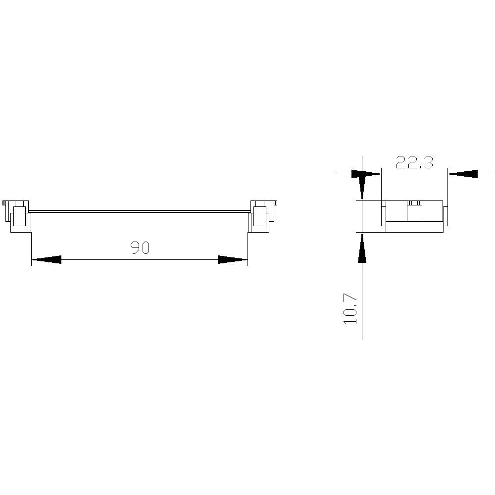 Technical drawing of a rectangular part with dimensions: width 90, height 10.7, depth 22.3. Shows two views: front and side view.