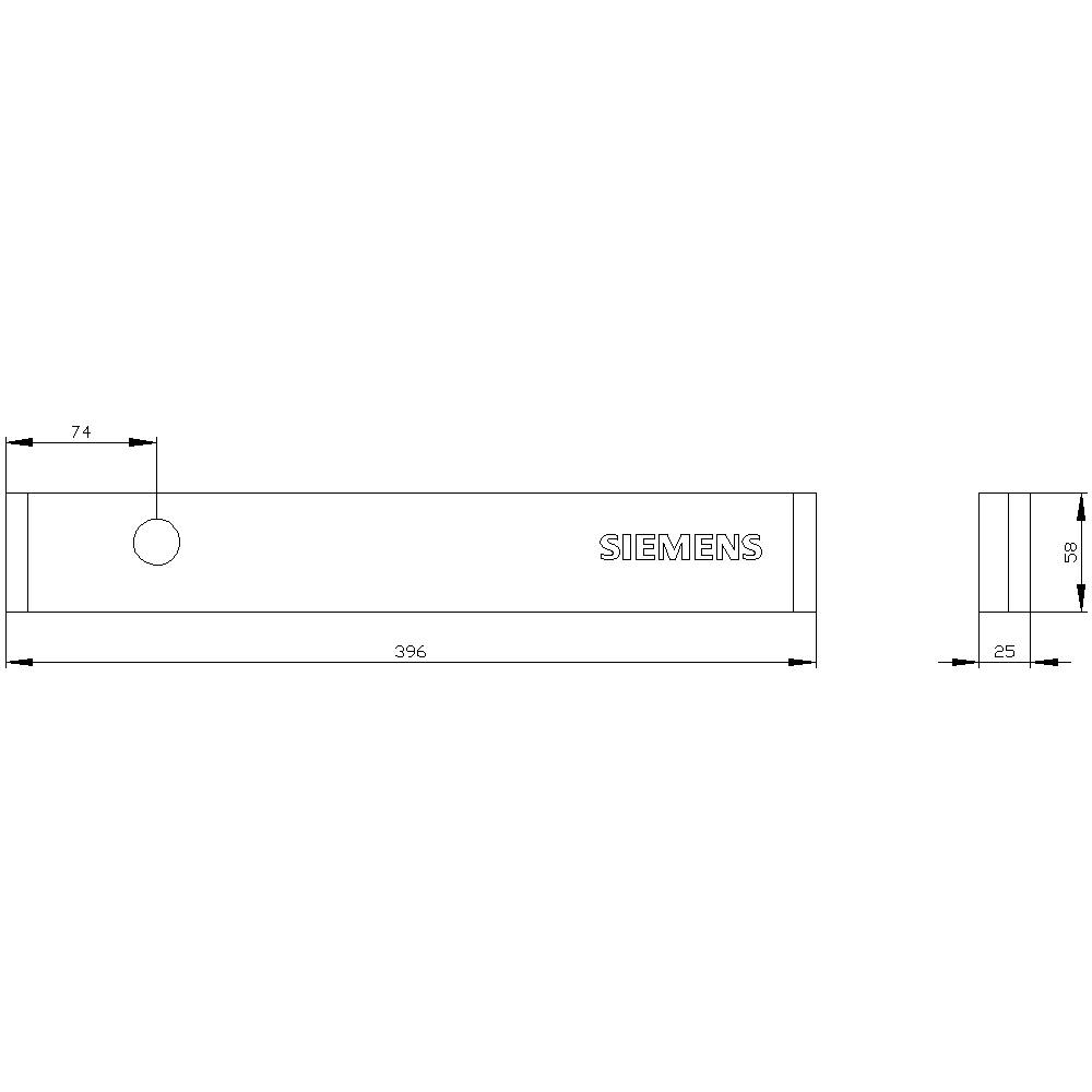 Technical drawing of a rectangular part with 'SIEMENS' text. Dimensions: 396 mm length, 25 mm width, 74 mm intermediate section.
