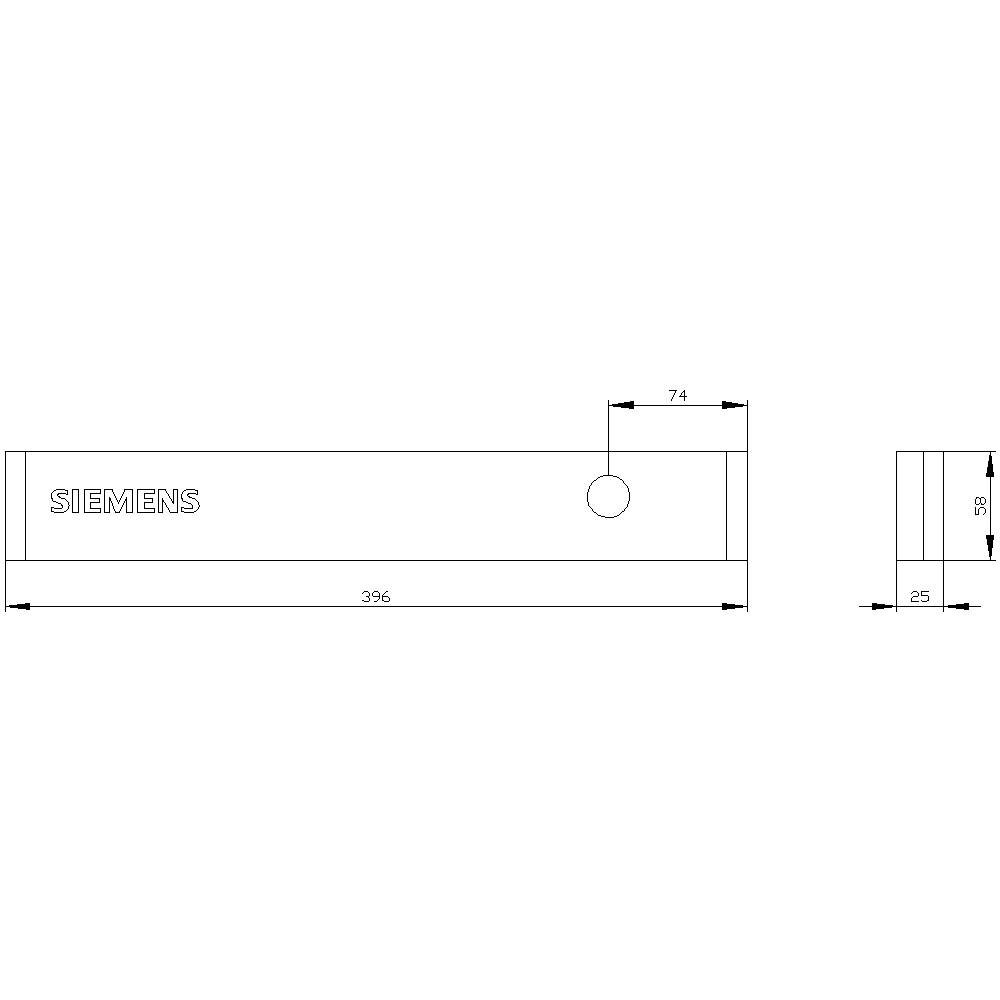 Technical drawing of a rectangular metal piece with 'SIEMENS' inscription. Dimensions: Length 396 mm, Width 25 mm, Bore 9 mm.