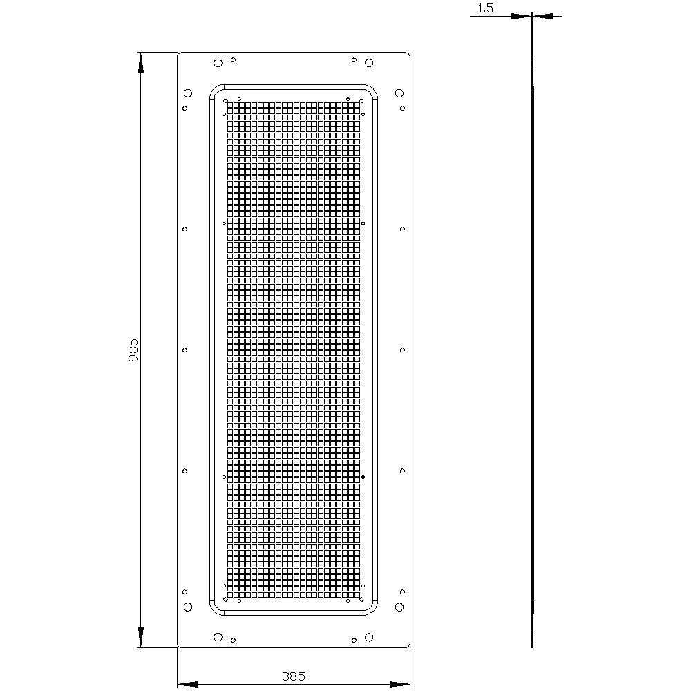 Technical Drawing of a Rectangular Loudspeaker with Dimensions: Height 985 mm, Width 385 mm, Depth 1.5 mm. Contains a grid-like pattern.